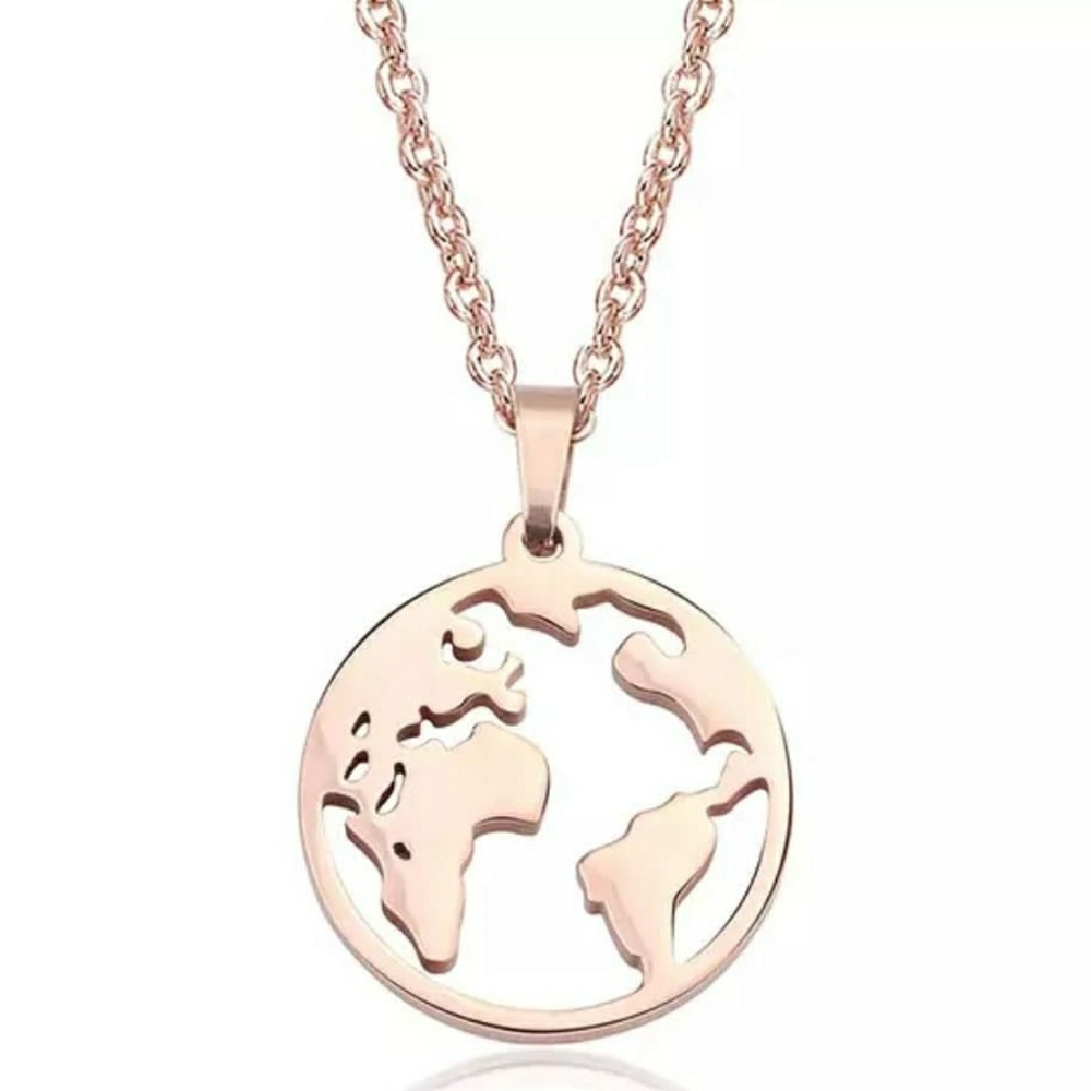 Fashion Necklace World Map Globe  Rose Gold Color